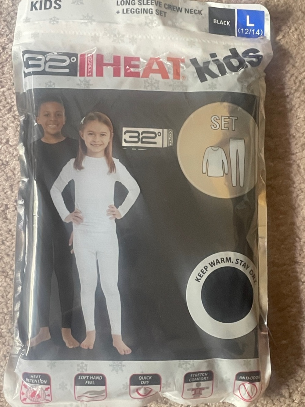 32 Degrees Kids Thermal Long Sleeve Crew Neck & Legging Set - Black and White
